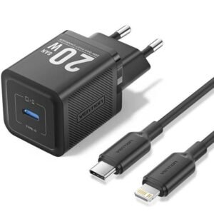 CARGADOR DE PARED VENTION GAN USB-C 20W BLACK + CABLE UCB-C 2M BLACK